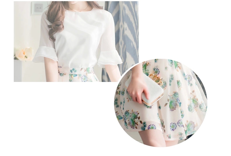 2015夏装新款女装韩版两件套印花雪纺连衣裙 半裙加上衣