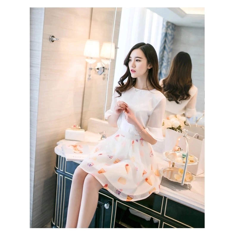 2015夏装新款女装韩版两件套印花雪纺连衣裙 半裙加上衣